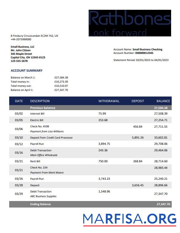 Realistic Rathbones Bank company account statement Word and PDF template